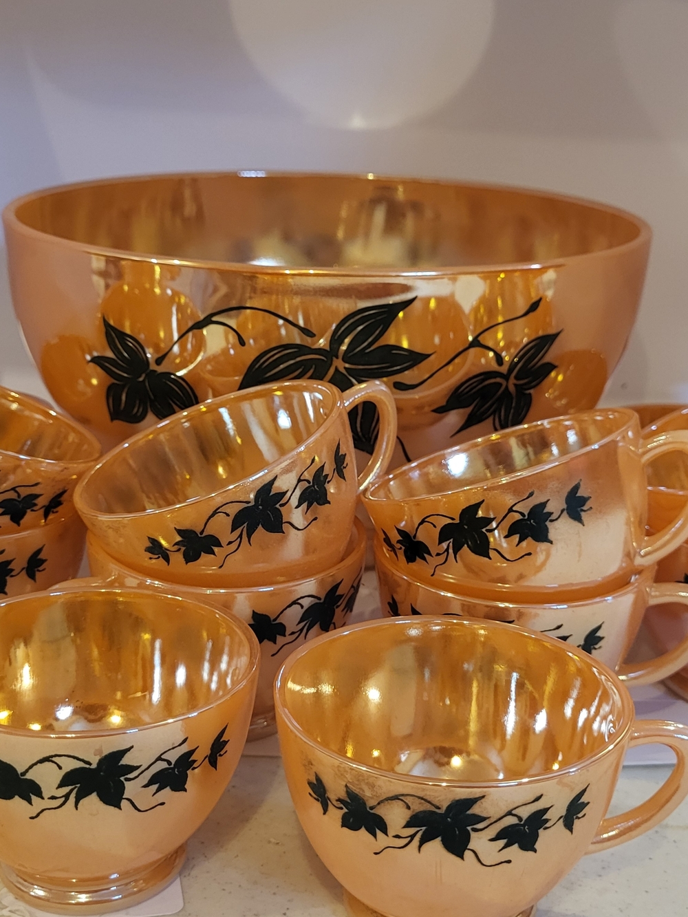 Vintage Anchor Hocking/Fire King Peach Lustre Punch Bowl Set, Black Ivy (13 Pc)